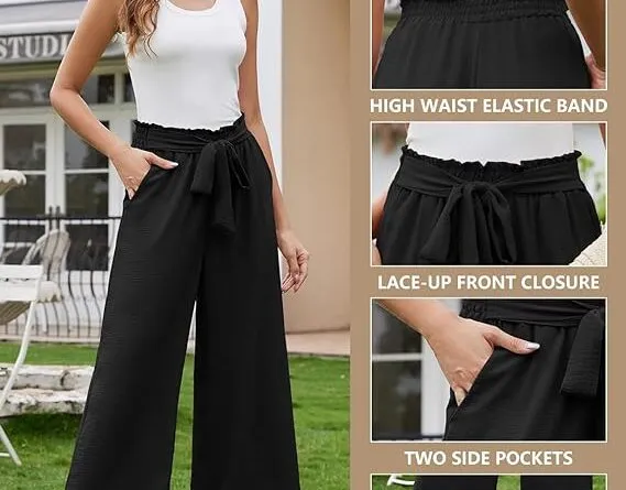 Yuson Girl Womens Wide Leg Trousers Flowy Palazzo Pants Lightweight Elasticated Waist Summer Pants with Pockets Causal Loose Work Trousers Adjustable Knot Lounge Pants for Ladies