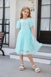 GRACE KARIN Girls Dress Crew Neck A Line Hem Short Sleeve Dress Sequins Tulle Netting Party Dress