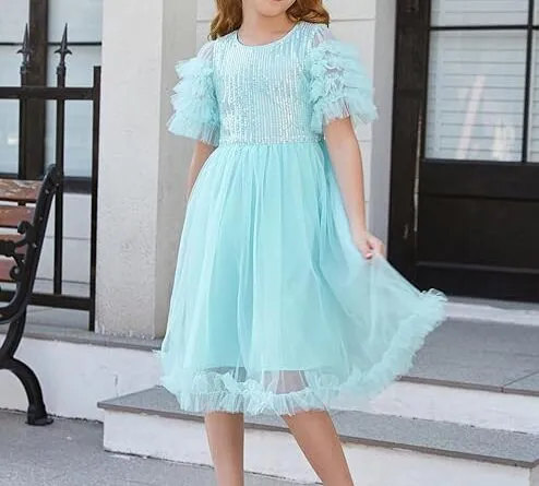 GRACE KARIN Girls Dress Crew Neck A Line Hem Short Sleeve Dress Sequins Tulle Netting Party Dress