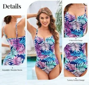 Women's One Piece Tummy Control Swimwear Vintage Swimming Costumes V-Wired &Floral Swimsuit Soft Elastic Bathing Suits Padded Monokinis With Adjustable Shoulder Strap For Beach,Sunbathing,Pool