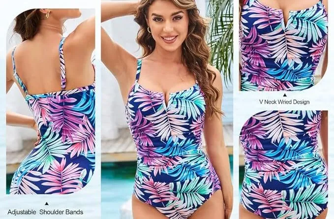 Women's One Piece Tummy Control Swimwear Vintage Swimming Costumes V-Wired &Floral Swimsuit Soft Elastic Bathing Suits Padded Monokinis With Adjustable Shoulder Strap For Beach,Sunbathing,Pool