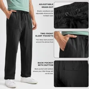 Vancavoo Men's Linen Trouser Cotton Linen Pants Mens Cargo Trousers Casual Straight Loose Pants Lightweight Sweatpants Elasticated Waist Drawstrings Jogger Home Beach Gym Yoga Pants