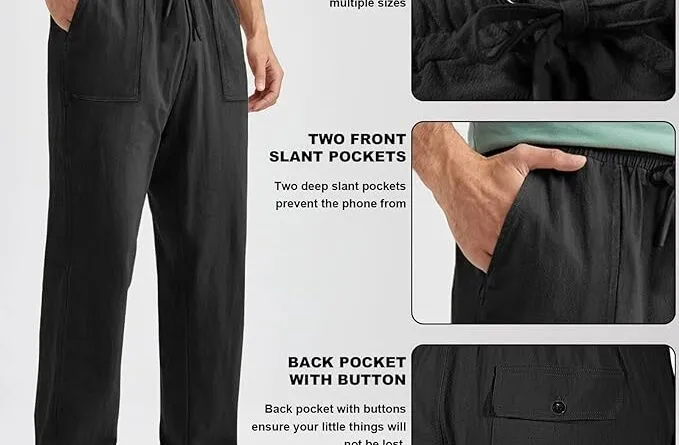 Vancavoo Men's Linen Trouser Cotton Linen Pants Mens Cargo Trousers Casual Straight Loose Pants Lightweight Sweatpants Elasticated Waist Drawstrings Jogger Home Beach Gym Yoga Pants