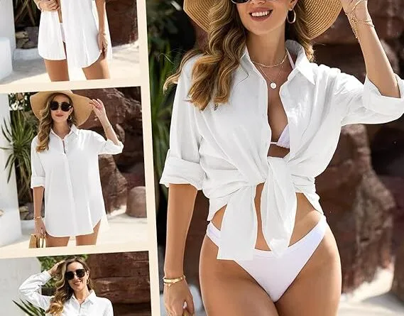 Vancavoo Women's Beach Cover Up Shirts Bikini Coverups Swimsuit Beach Dress Cotton Button Down Casual Long Sleeve Beachwear Loose Cardigan Blouse Tops Swimwear