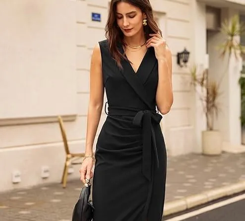 GRACE KARIN Women's Bodycon Dress Sleeveless Shawl V-Neck Wrap Midi Business Work Dresses with Belt for Cocktail Formal Party Office