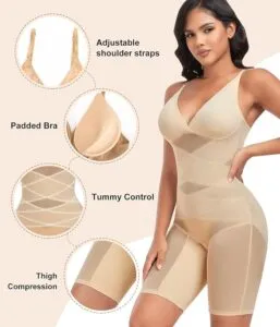 heekpek Women Shapewear Bodysuit V Neck Seamless Waist Trainer Butt Lifter Full Body Shaper Tummy Control Mesh Slimming Jumpsuit One Piece