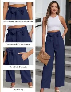 PASUDA Womens Wide Leg Trousers High Waist Pants with Adjustable Tie Knot Work Pants Loose Flowy Solid Color Trousers with Pockets Lightweight Straight Casual