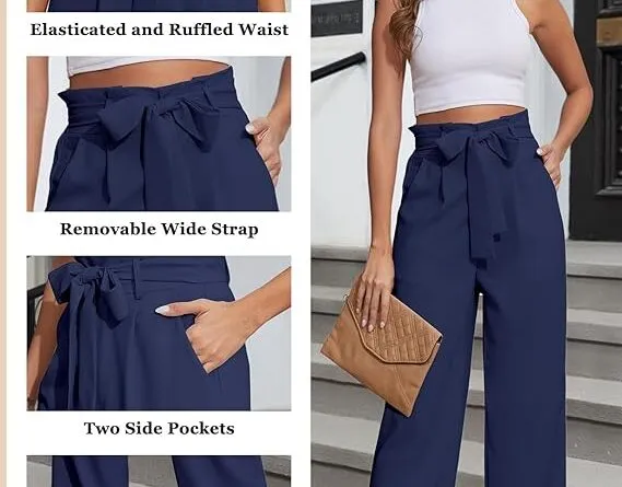 PASUDA Womens Wide Leg Trousers High Waist Pants with Adjustable Tie Knot Work Pants Loose Flowy Solid Color Trousers with Pockets Lightweight Straight Casual