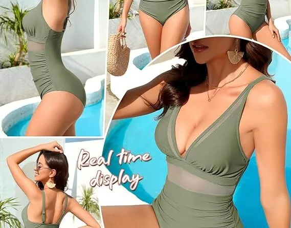 Svanco Mesh Swimsuit for Women One Piece Swimming Costume Tummy Control Ruched Swimwear Push Up Padded Bathing Suit S-XXL