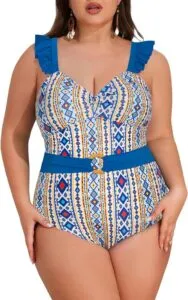 Hanna Nikole Women's Plus Size Retro Boho Print One-Piece Swimsuit O-Ring with Twist Front and Ruffle Straps