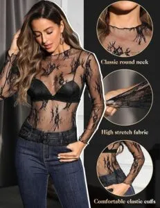 heekpek Women Mesh Tops Long Sleeves Sheer Mesh Shirt Slim Fit See Through Lace Floral Blouses Stretchy Transparent T-Shirt