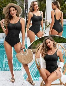 Vancavoo Womens Swimming Costume One Piece Swimsuits Ruched U Neck Tummy Control Swimwear Push Up Padded Wrap Over Vintage Bathing Suit for Beach Pool