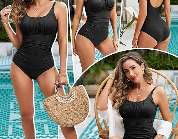 Vancavoo Womens Swimming Costume One Piece Swimsuits Ruched U Neck Tummy Control Swimwear Push Up Padded Wrap Over Vintage Bathing Suit for Beach Pool