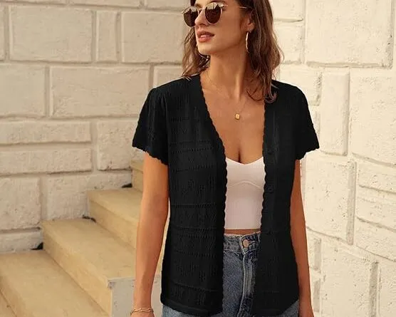 GRACE KARIN Women's Casual Short Sleeve Cardigan Short Button Down Cardigan Summer Hollow Pattern Tops