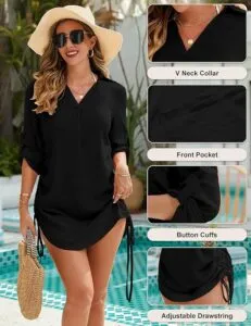 RITOSTA Beach Coverups for Women Drawstring Beach Dresses Shirt Dresses Swimwear Sarongs Swimsuit Bikini Cover Ups V Neck Ajustable Sleeve Pocket Bathing Suit