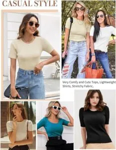 Lonya Womens Tops Women's T-Shirts Ribbed Knit Round Neck Ladies Summer Tops Short Sleeve Shirt Ribbed Tops Casual Slim Fit T-Shirt