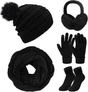 Vijamiy Warm Hat and Scarf Set for Women Knitted Beanie Soft Plush Ear Cap Warmer Touch Screen Gloves Thermal Socks for Winter Outdoor Activity