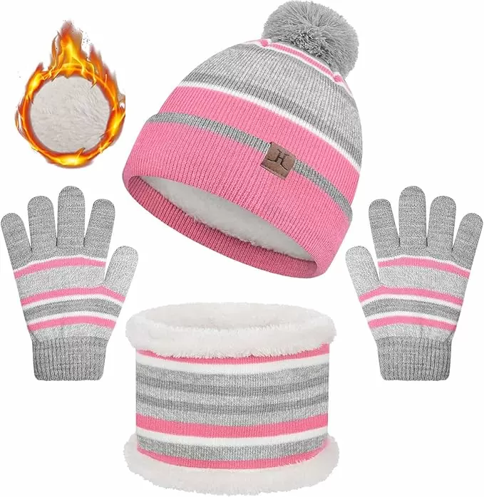 Yuson Girl 3 Pcs Kids Winter Stripe Knitted Bobble Beanie Hat Snood Scarf Gloves Set with Thick Fleece Lining Cotton Thermal Knit Pom Pom Hat Cap Neck Warmer for Children Outdoor Boy Girl